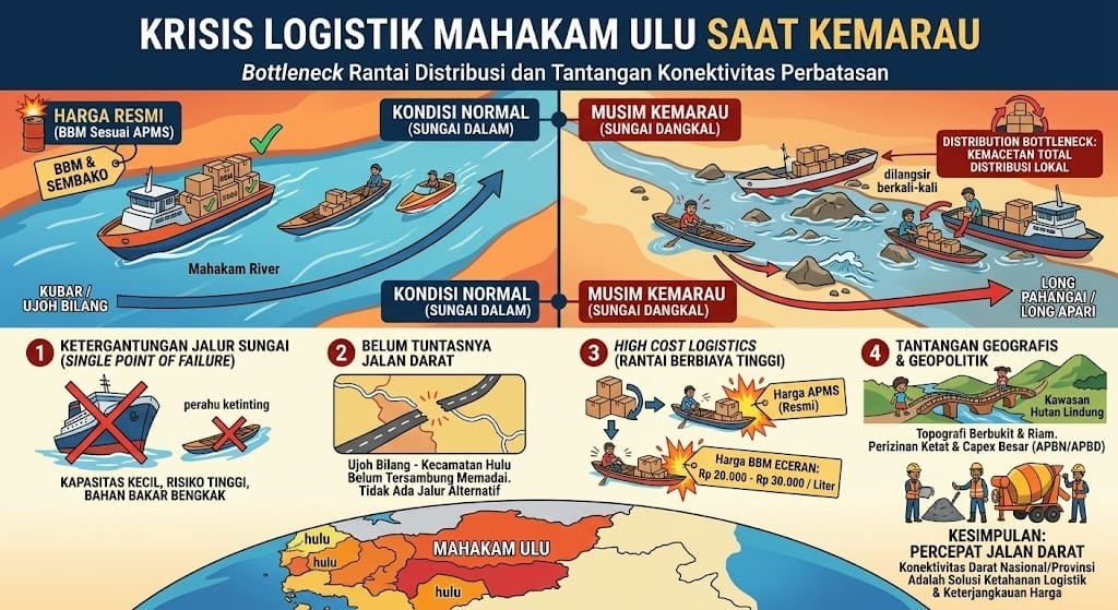 Infografis atau gambaran krisis logistik yang menerpa Mahakam Ulu saat kemarau melanda. Sumber: MTI