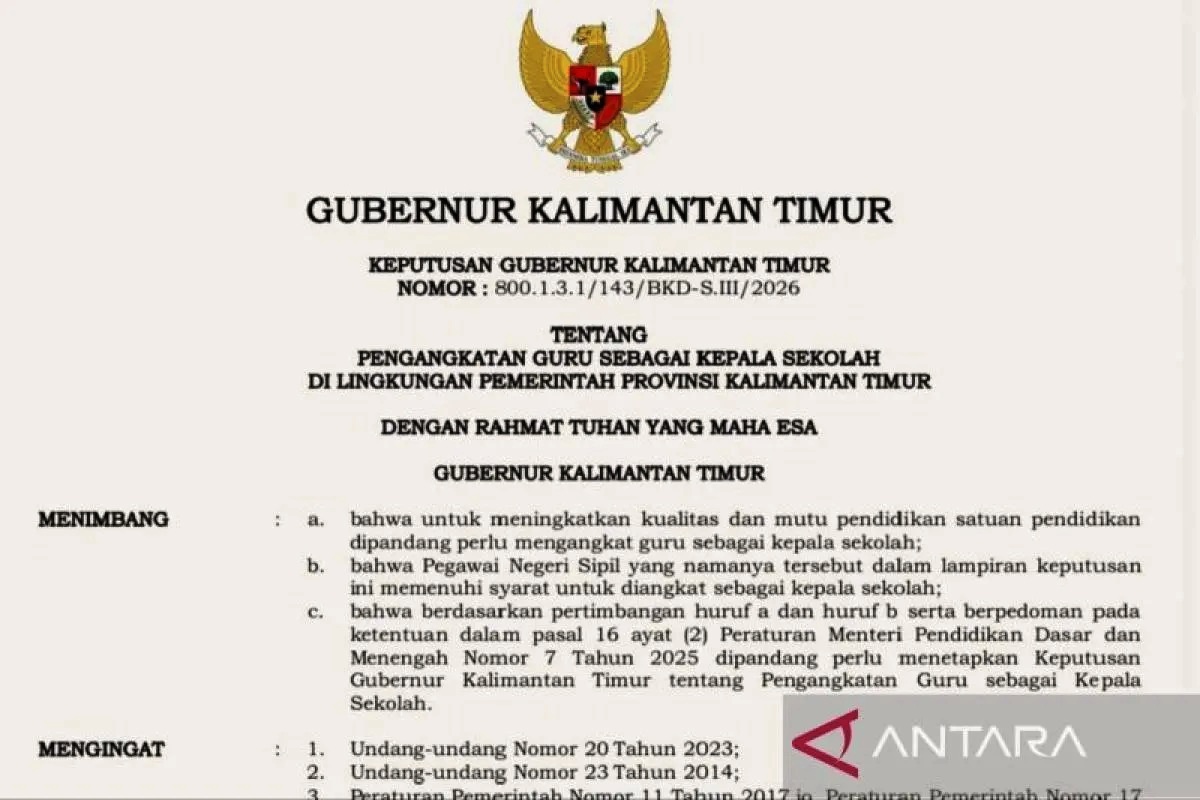 Dokumen SK Gubernur Kaltim tentang Pengangkatan Kepala Sekolah. (Antara Kaltim/Ahmad Rifandi)