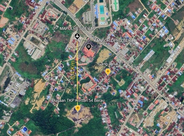 Jarak antara TKP lubang eks tambang dengan Mapolres Berau. Foto: Jatam