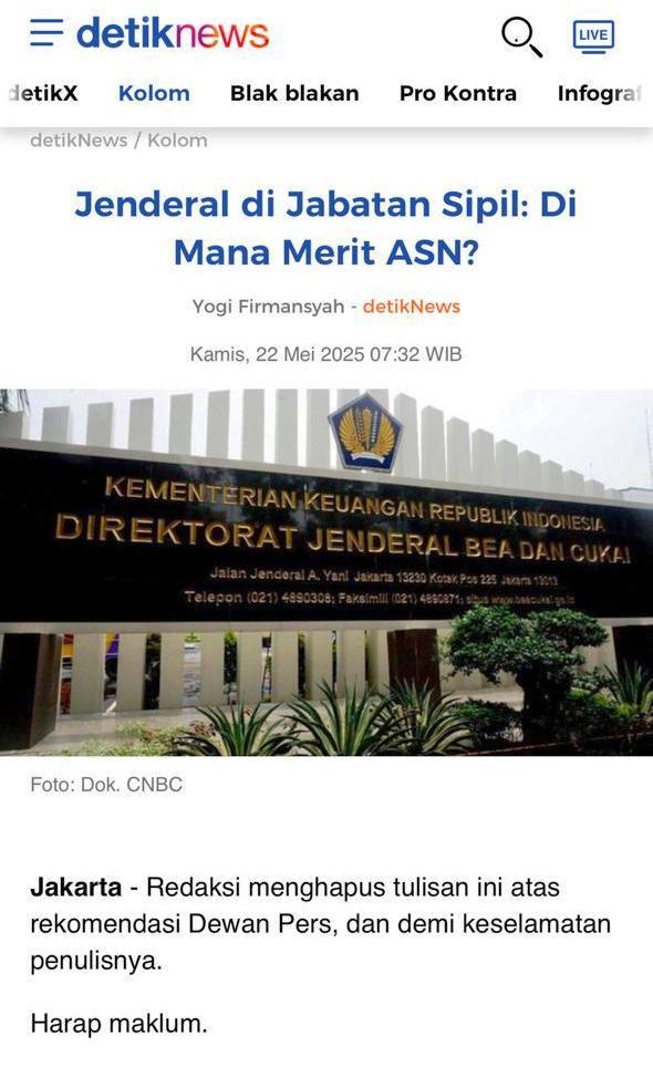 Kritik Jenderal di Jabatan Sipil, Detik Hapus Opini Mahasiswa