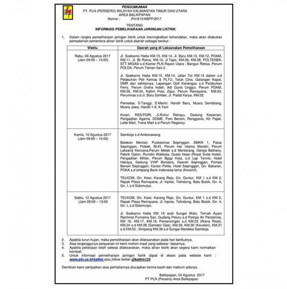 PLN Lakukan Pemeliharaan Jaringan, Tiga Hari Balikpapan Pemadaman Bergilir