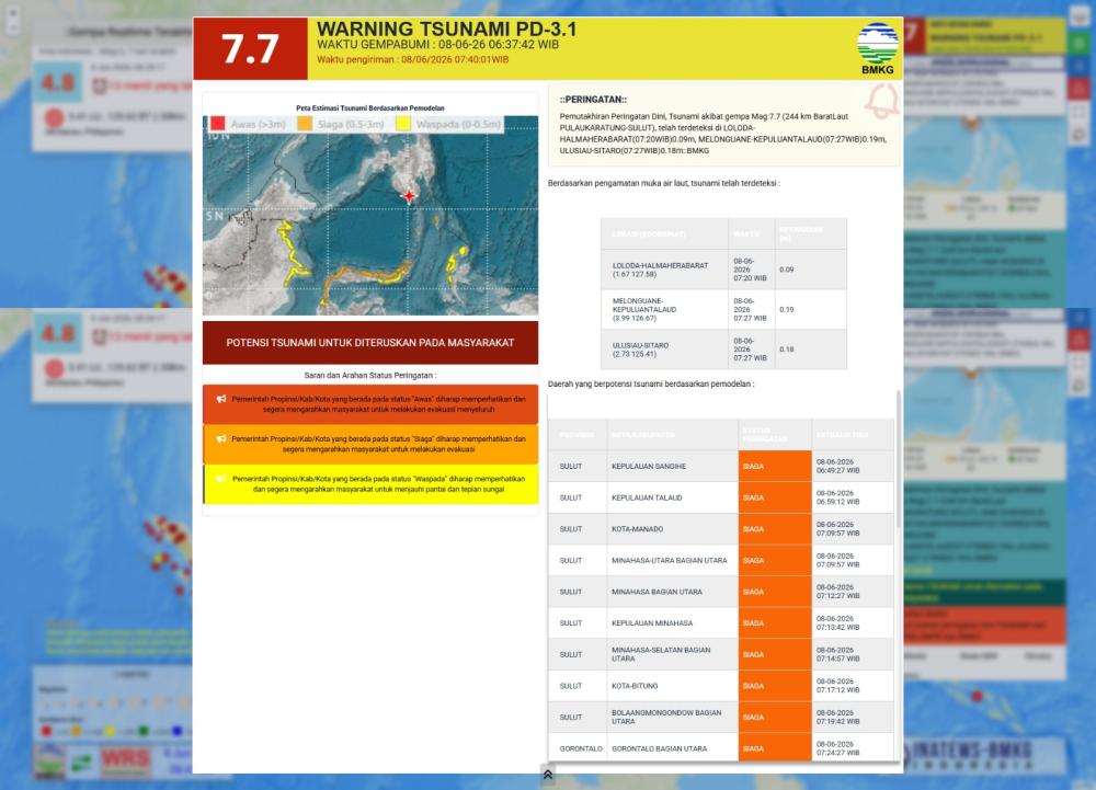BMKG Keluarkan Peringatan Tsunami untuk Kaltim, Sulut hingga Malut Usai Gempa M 7,7 Filipina