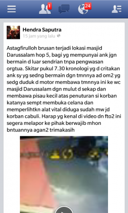 POSTINGAN TENTANG KEJADIAN PELECEHAN SEKSUAL DI TOILET MASJID,  RAMAI JADI VIRAL DI FACEBOOK